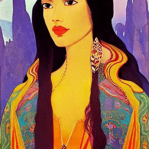 Image similar to a naturalist beautiful beautiful gorgeous vintage painting of a portrait of a queen with dark curly hair and fair pale skin on a throne by nicholas roerich by gustave moreau, by eyvind earle by bruce pennington