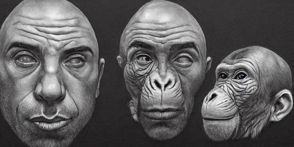 Image similar to Joe Rogan with monkey features, single subject, portrait, intricate, highly detailed, concept art, smooth, sharp focus, pencil art