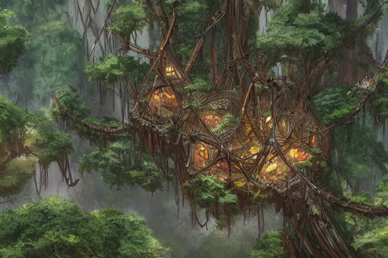 Image similar to a concealed wood elf village suspended high up in the redwood tree canopies, connected by rope bridges, fantasy setting, dense vegetation, very detailed, d & d concept art, 4 k