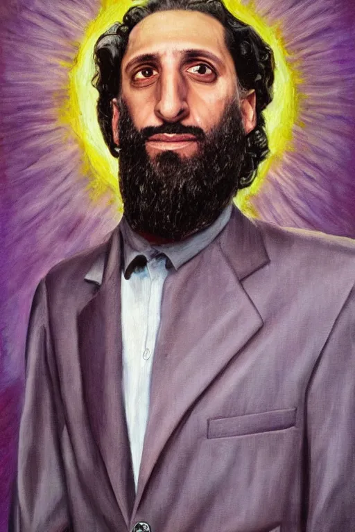 Image similar to Isaak Brodsky portrait painting of John Turturro as the Jesus from The big Lebowski, wearing purple felt bowling suit, realism