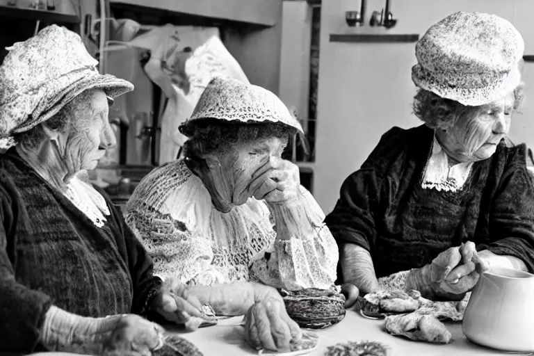 Image similar to close up of three old women from brittany with hats in white lace and folk costumes in a kitchen. they look visibly angry