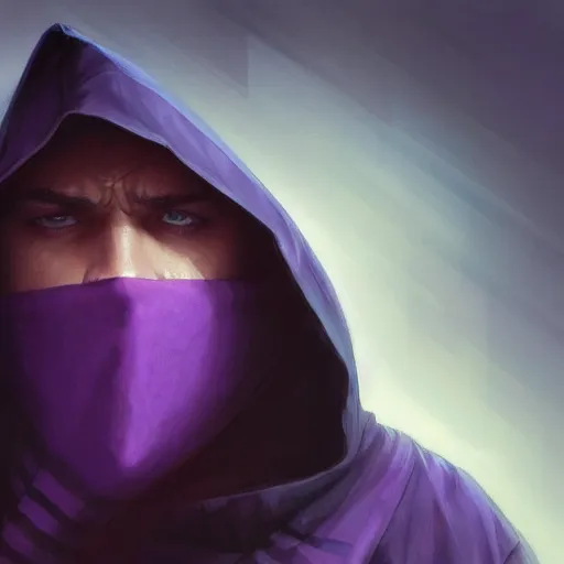 Image similar to ultra realistic illustration, man in a black hood, in a striped purple balaclava, mysterious, highly detailed, digital painting, artstation, concept art, smooth, sharp focus, illustration, art by artgerm and greg rutkowski and alphonse mucha