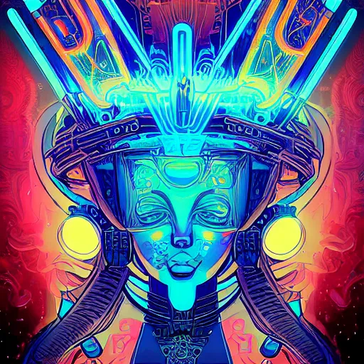 Prompt: i look into your deep blue eyes epic description, godness beauty, style of laurie greasley and satoshi kon + symmetric lights and smoke, psychedelic effects, glowing particles, neon rain, glowing runes, de - noise, symmetrical composition, high detailed + tarot card, ornate border, 8 k