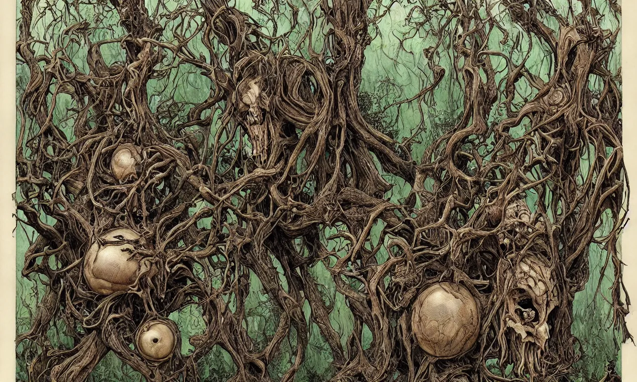 Image similar to hyperdetailed art nouveau portrait of treebeard and old groot as a cthulhu eyeball moose skull wendigo swamp thing cryptids, by michael kaluta, simon bisley and bill sienkiewicz, photorealism, claws, skeleton, antlers, fangs, forest, wild, bizarre, scary, lynn varley, lovern kindzierski, steve oliff