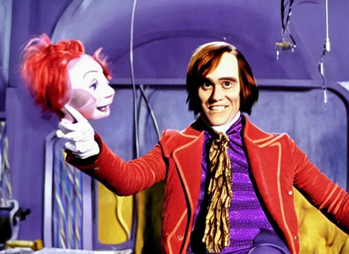 Image similar to film still of Jim Carrey as Willy Wonka in Willy Wonka and the Chocolate Factory 1971