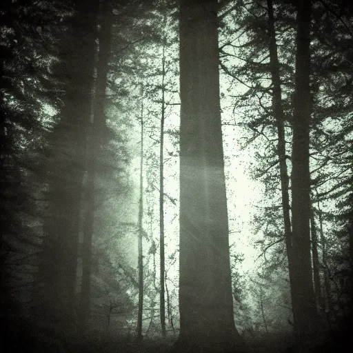 Image similar to grainy surveillance photo still of an alien in the woods at night hiding in the trees of a forest