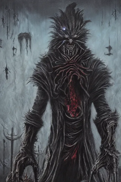 Image similar to bloodborne werewolf oil painting, horror, lovecraftian horror,