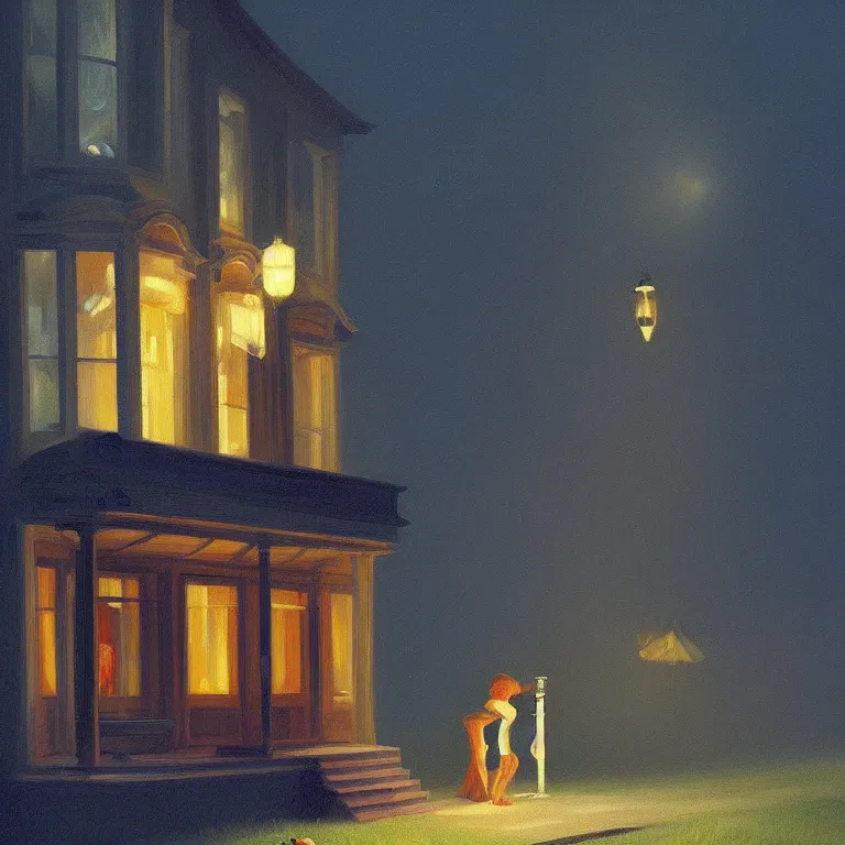 Prompt: a storybook illustration of a scared animal, fireflies, quiet night foggy scene painted by Edward Hopper masterpiece, intricate, elegant, fantasy, highly detailed, digital painting, concept art, sharp focus, artstation