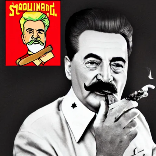 Image similar to stalin eats burger with ketchup while smoking cigar