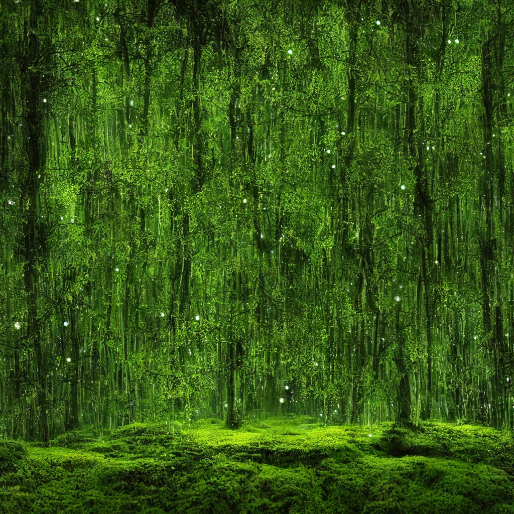 Prompt: A wide shot by an extremely high resolution digital camera of an enchanted forest is shown. Genetically modified magic moss, covering the ground, with a barely seen lake beneath it. Rare, magically glowing, incredible flowers are seen all over the landscape. Rare rays of the moonlight are sparkling in the dew drops. A flock of fireflies. Cinematic soft volumetric studio lighting. Greg Rutkowski and Thomas Kinkade. Trending on Artstation.