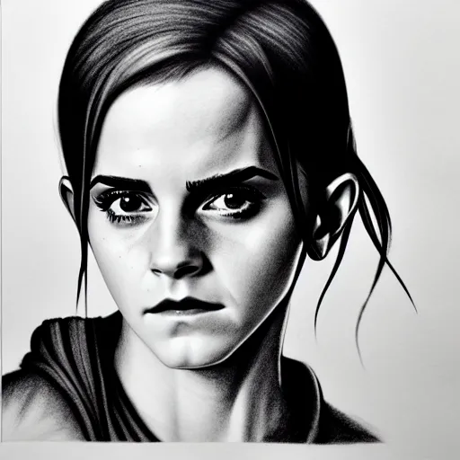 Image similar to emma watson in a demon slayer manga pencil, pencil and vine charcoal drawing, on medium grade paper, indian ink, variable lineart, grayscale, manga tones, detailed, set in hell, threatening an oompa loompa, hyper realistic, manga, beautiful