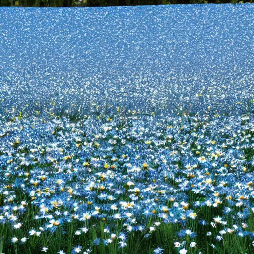 Image similar to field of light blue and white daisies, matte painting