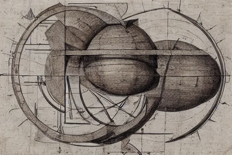 Image similar to construction draft of a wooden perpetuum mobile by Leonardo da Vinci, highly detailed, geometric shape, spheres, wheels, symmetry, with small handwritten notes