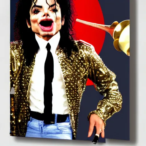 Prompt: Michael Jackson with a horn as mouth, horn in the place of mouth, horn mouth