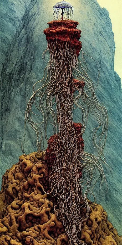 Image similar to A detailed jellyfish god stands among the mountains. Wearing a ripped mantle, robe. Perfect face, colossal scale, extremely high details, realistic, fantasy art, solo, masterpiece, art by Zdzisław Beksiński, Arthur Rackham, Dariusz Zawadzki