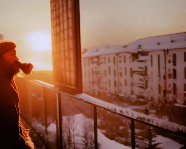 Image similar to lomographic tarkovsky film still of 4 0 years russian man with beard and sweater standing on small hrushevka 9 th floor balcony full with cigarette smoke in winter taiga looking at sunset, cinestill, bokeh