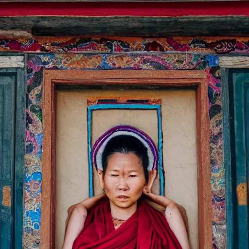 Prompt: Portrait of a seemly prettyish atypical woman in a chocolate-box Tibetan architecture by Erik Jones, trending on Unsplash