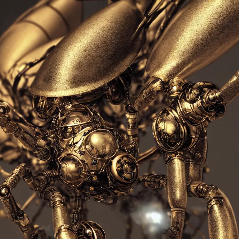 Image similar to a close up of an beautiful steampunk robotic spider inspired, unreal engine realistic render, high detailed face, photorealism, golden ratio, hyper - realistic 3 d, insanely super detailed, realistic octane render, 1 6 k, fashion photography, micro detail, backlit lighting, face in focus, subsurface scattering, thin porcelain