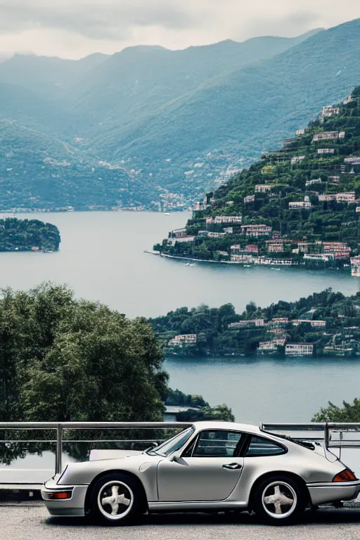 Image similar to Photo of a silver Porsche 911 Carrera 3.2 parked on a dock with Lake Como in the background, wide shot, rear view, daylight, dramatic lighting, award winning, highly detailed, 1980s, luxury lifestyle, fine art print, best selling.