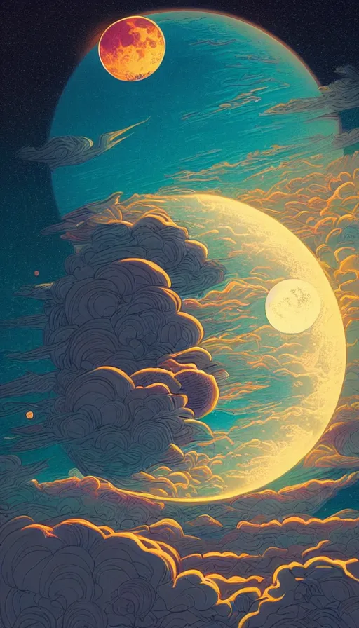 Image similar to sturgeon moon floating on cosmic cloudscape at sunset, futurism, dan mumford, victo ngai, kilian eng, da vinci, josan gonzalez