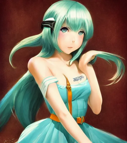 Prompt: Anime art very very beautiful Hatsune miku by Gil Elvgren, Vladimir Volegov, Earl Moran, Enoch Bolles, symmetrical shoulders, long hair, smiling