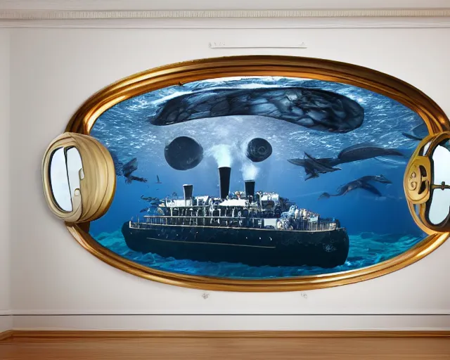 Prompt: dream captain nemo's luxury victorian living room on the nautilus with views out porthole windows of ocean life, photo realistic, 8 k