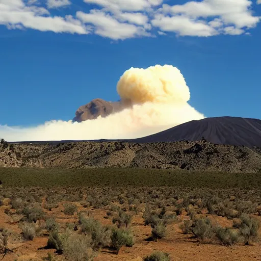 Image similar to a photo of a lavic desert where trees grow high and the etna in the background erupts bug stream of lava