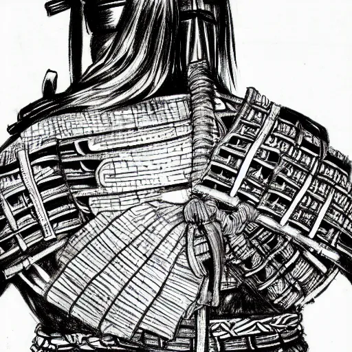 Image similar to entire body portrait from behind samurai that holds chain art inkstyle brush ink traditional sketch