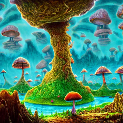 Image similar to surreal fungal kingdom, dmt, landscape, river, trending on artstation, detailed, realistic, photo