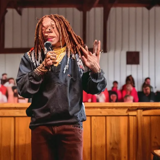 Image similar to cinematic still of Trippie Redd preaching at a Baptist Church in Rural Tennessee, close up, shallow depth of field, cinematic