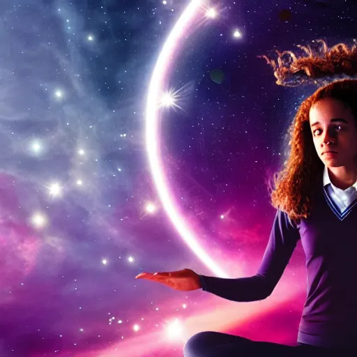 Image similar to hermione granger as yoga instructor in space, trending high quality art station, cinematic shot, magical colors and atmosphere, perfect composition, coherent, 8 k