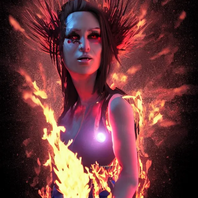 Image similar to a female raver / punk using her mutant fire powers in the style of leonard boyarsky trending on artstation deviantart pinterest hyper detailed photorealistic highlights and shadow hd 8 k post - processing high resolution