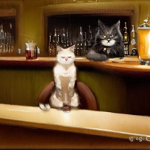 Image similar to of a british longhair cat sitting at the bar next to a beer, by greg rutkowski