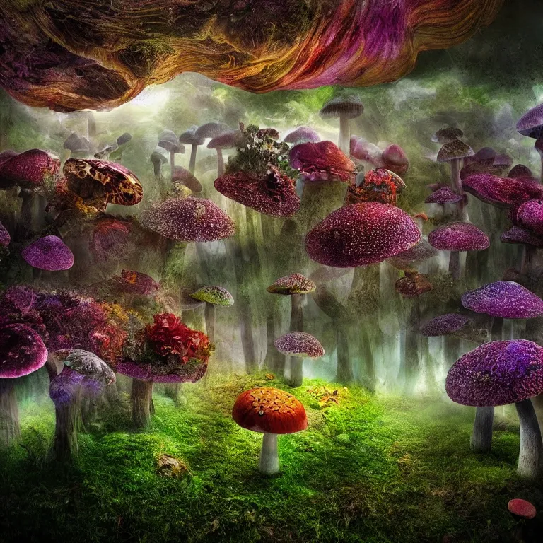 Image similar to a planet of various fungus, mushrooms, flowers and plants, inside the picture is infinity, Atmospheric, artistic photography, conceptual, long exposure outside the city, volumetric light