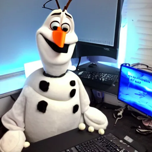 Image similar to a photo of olaf from frozen, working behind a desk, in an office, doing computer work and being bored and sad.