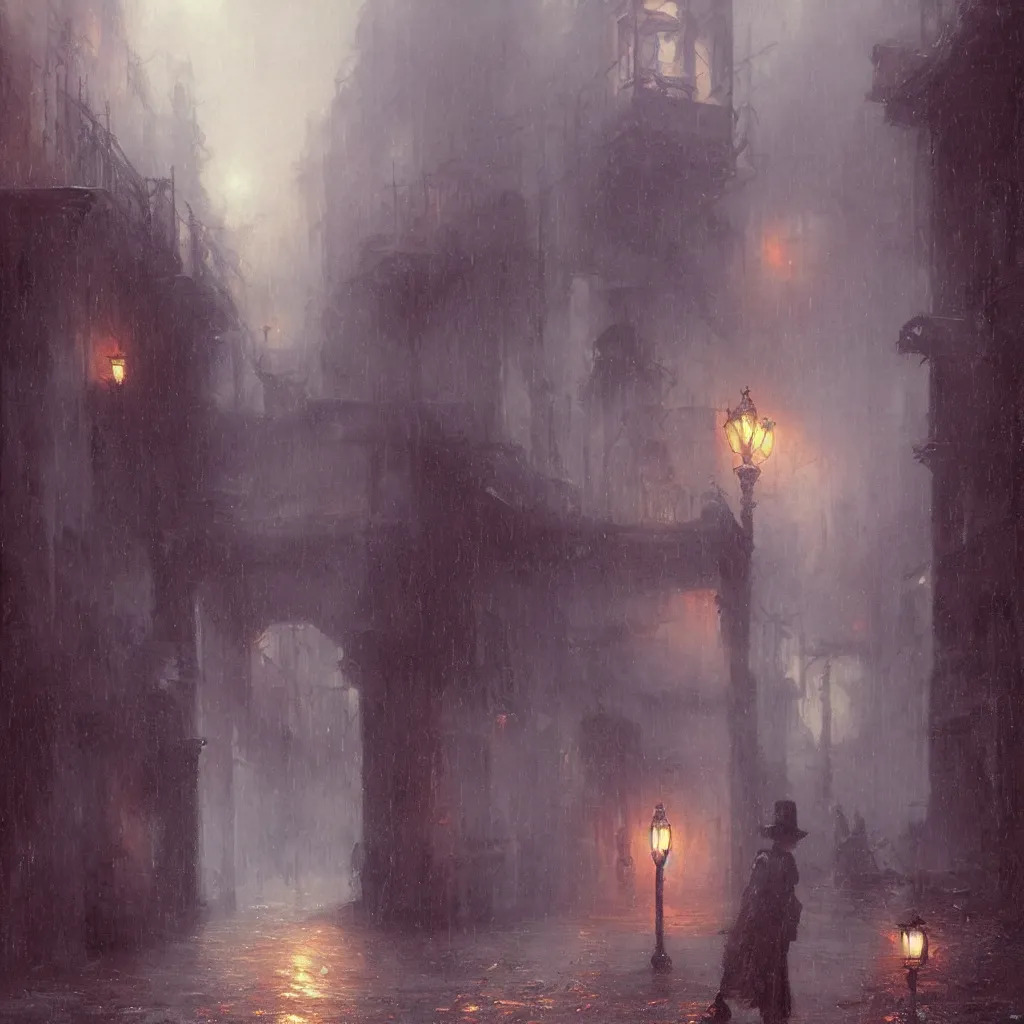 Image similar to Jack the ripper haunts the abandoned raining night alley by Raphael Lacoste and Pierre Auguste Cot and Delphin Enjolras and Daniel F. Gerhartz