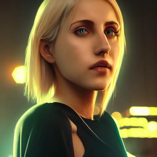 Image similar to Annie Leonhart in a neon city, octane render 8k, photorealistic render, atmospheric render, beautiful face, cute