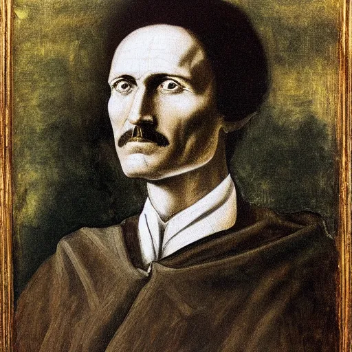 Prompt: A portrait of Nicola Tesla, oil on canvas by Leonardo Da Vinci