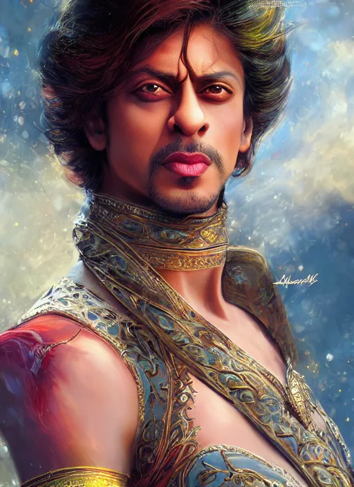 Prompt: Beautiful young shahrukh khan, portrait, fantasy, medieval, vivid colors, fantasy, elegant, concept art, sharp focus, beautiful face, digital art, Hyper-realistic, 4K, Unreal Engine, Highly Detailed, HD, Dramatic Lighting by Brom, trending on Artstation