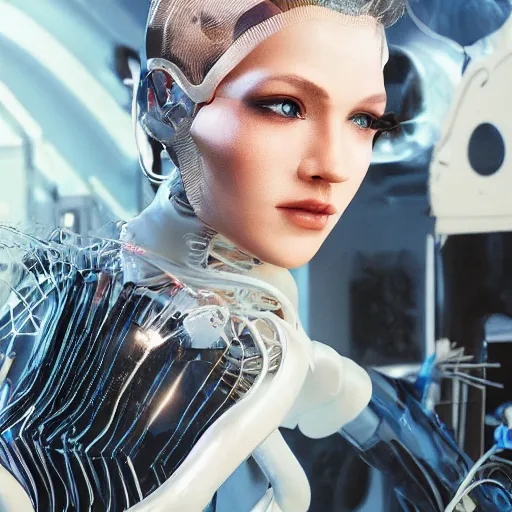 Image similar to photographic stil of beautiful model, a human robot woman, beautiful artificial body with artificial bones and artificial flesh, cables, tubes, robots making robots using robots, westworld style, medium - shot, insanely detailed, photorealistic, beautiful soft light, octane render, by annie leibowtiz