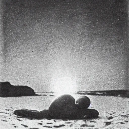 Image similar to an early 1 9 0 0 s photograph of a bioluminescent baby alien levitating above the beach, moonlight, nighttime