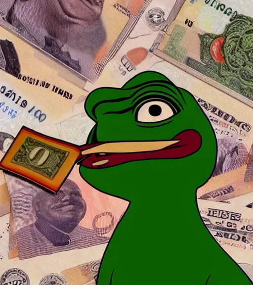 Image similar to pepe eating money, realistic, frame from the movie, in a suite