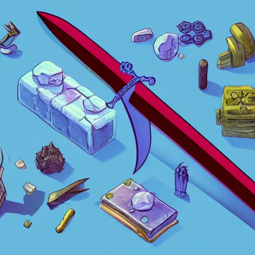 Image similar to a magical sword, fantasy rpg, isometric, digital art, dark background