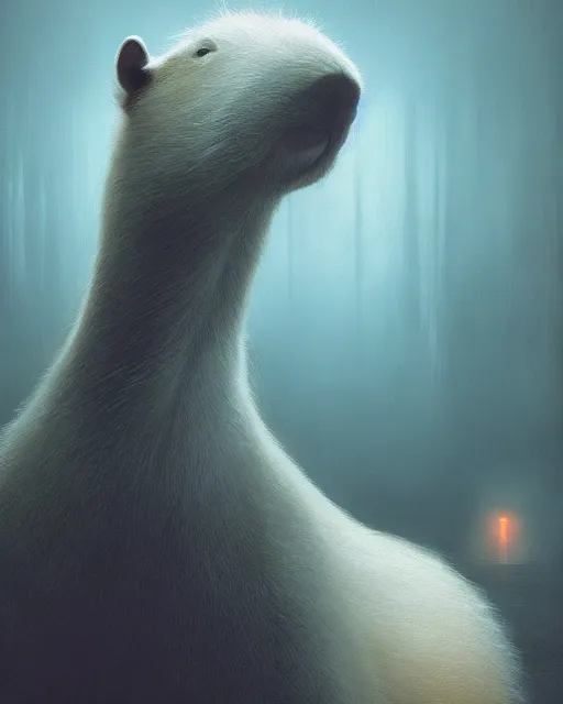 Image similar to white capybara petted by dark vader, surreal photography, volumetric light, impressionist painting, digital painting, artstation, kilian eng, john harris, bastien lecouffe - deharme, simon stalenhag