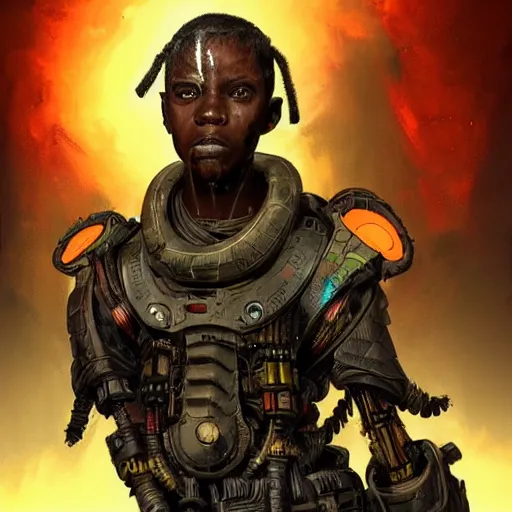 Prompt: a dark and ominous cyborg african child soldier with glowing eyes and facial scarification marks, Apex Legends character digital illustration portrait design, by android jones and greg rutkowski in a cyberpunk voodoo style, retrowave color scheme, detailed, cinematic lighting, wide angle action dynamic portrait