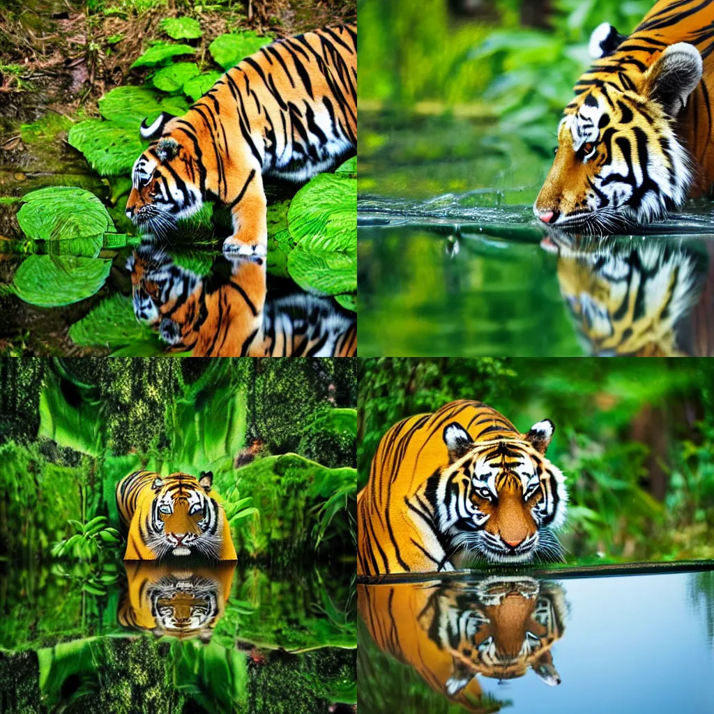 Prompt: a tiger drinking water from a reflective shiny pond in a green plant-filled-rainforest, 8k ultra hd, sharpened foreground, bokeh blur background, close-up, hyper detailed, nature photography, award-winning