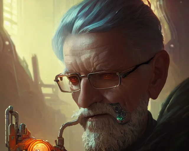 Prompt: oldman with cyberpunk implants, deep focus, d & d, fantasy, intricate, elegant, highly detailed, digital painting, artstation, concept art, matte, sharp focus, illustration, hearthstone, art by artgerm and greg rutkowski and alphonse mucha