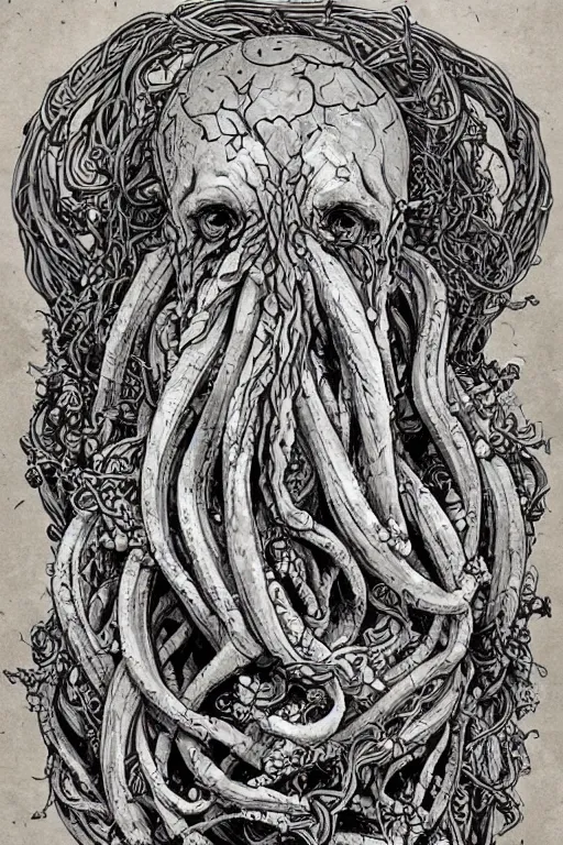 Image similar to centered horrifying detailed side view profile portrait of a insane, crazed, mad old bald zombie, cthulhu, eldritch abomination, dunwitch horror, ornate tentacles growing around, ornamentation, thorns, vines, tentacles, elegant, beautifully soft lit, full frame, 8 k by wayne barlowe, peter mohrbacher, kelly mckernan, h r giger