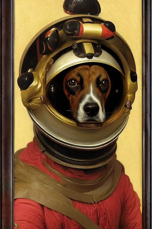 Image similar to portrait of a dog astronaut with chinese dragon armor and helmet, majestic, solemn, by bouguereau