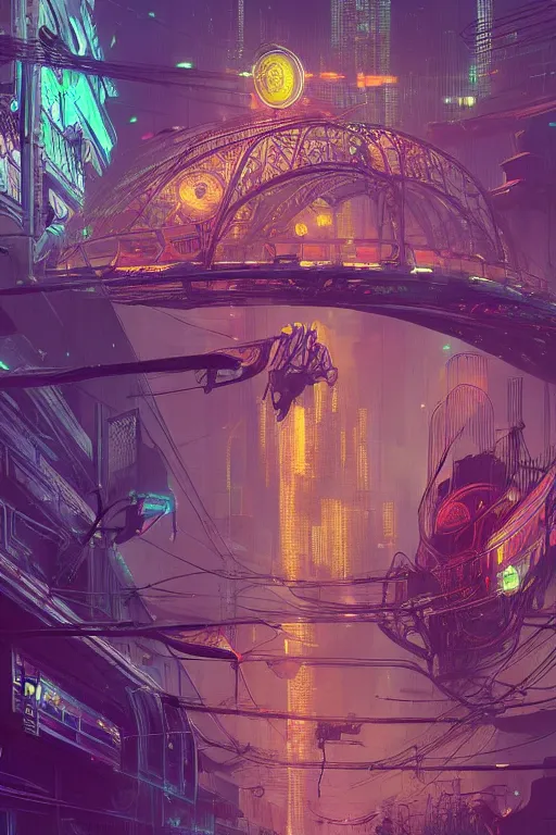 Image similar to futuristic cyberpunk, howrah bridge, calcutta, sci-fi, fantasy, intricate, very very beautiful, elegant, neon light, highly detailed, digital painting, artstation, concept art, smooth, sharp focus, illustration, art by alphonse mucha and tian zi and WLOP